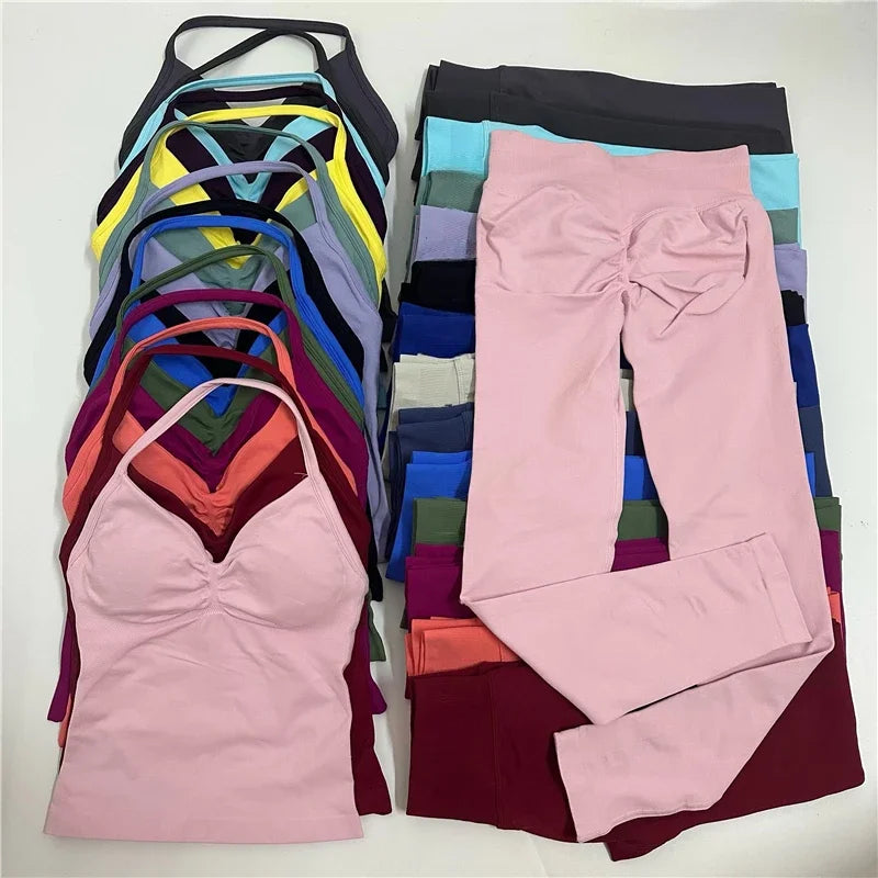 🖤 2Pcs Women’s Seamless Gym Yoga Set – High Waist Leggings & Sports Bra