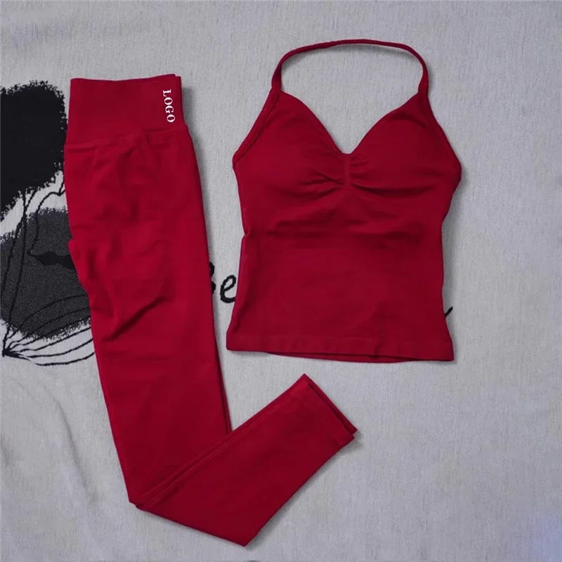 🖤 2Pcs Women’s Seamless Gym Yoga Set – High Waist Leggings & Sports Bra