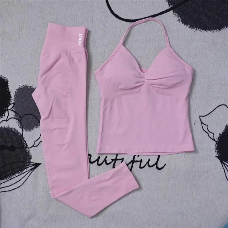 🖤 2Pcs Women’s Seamless Gym Yoga Set – High Waist Leggings & Sports Bra