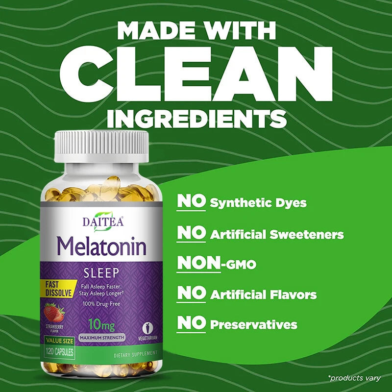 🌙 Daitea Melatonin 10mg – Sleep Dietary Supplement (120 Strawberry Flavored Capsules)