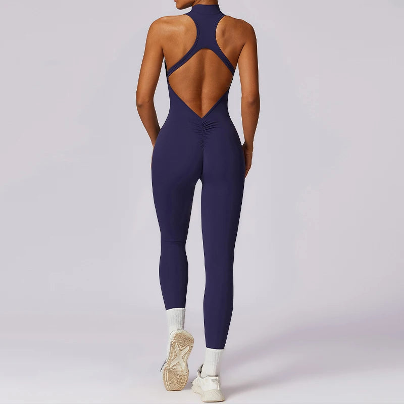 🔥 Women’s V-Back One-Piece Sports Jumpsuit – Backless Workout Bodysuit