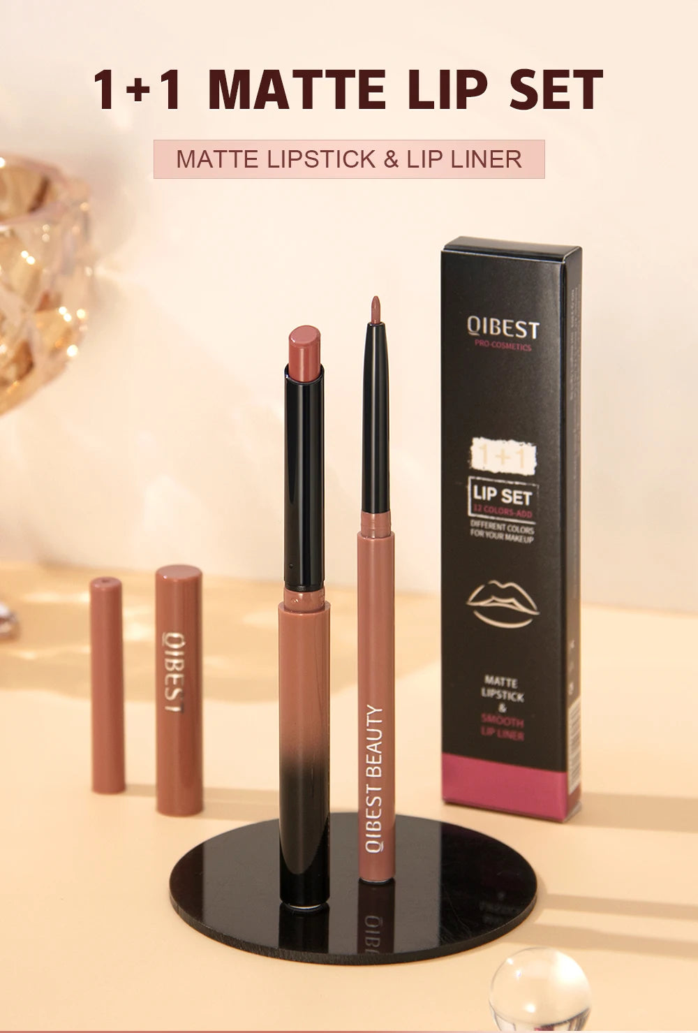 :  💋 QIBEST 2pcs Lipstick & Lipliner Pen Set – Matte Nude Waterproof Duo