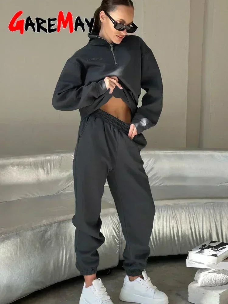 Autumn Women’s Oversize White Tracksuit – Zipper Cotton Two-Piece Set