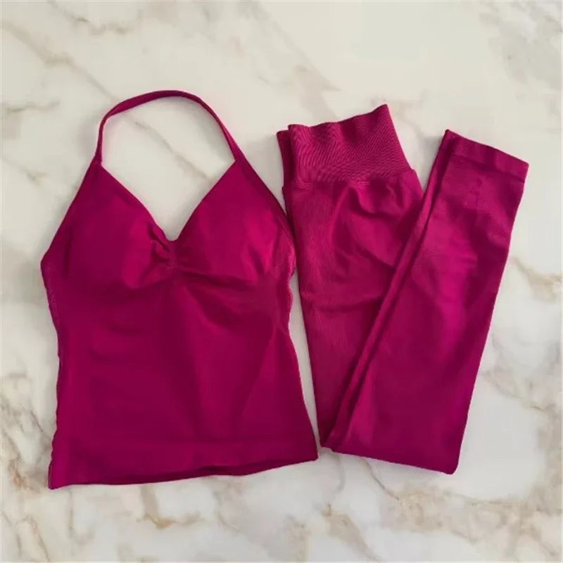 🖤 2Pcs Women’s Seamless Gym Yoga Set – High Waist Leggings & Sports Bra