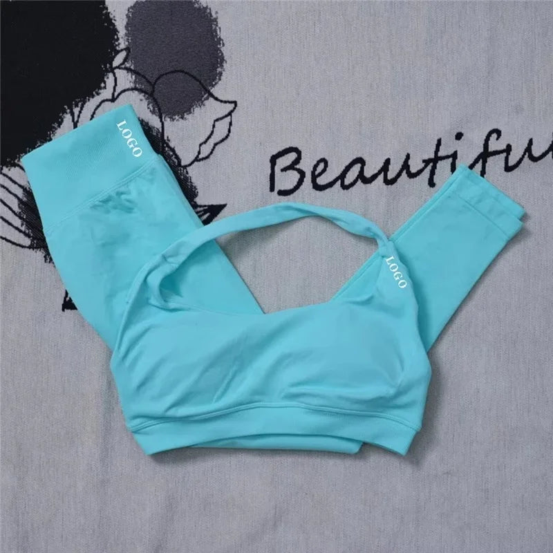 🖤 2Pcs Women’s Seamless Gym Yoga Set – High Waist Leggings & Sports Bra