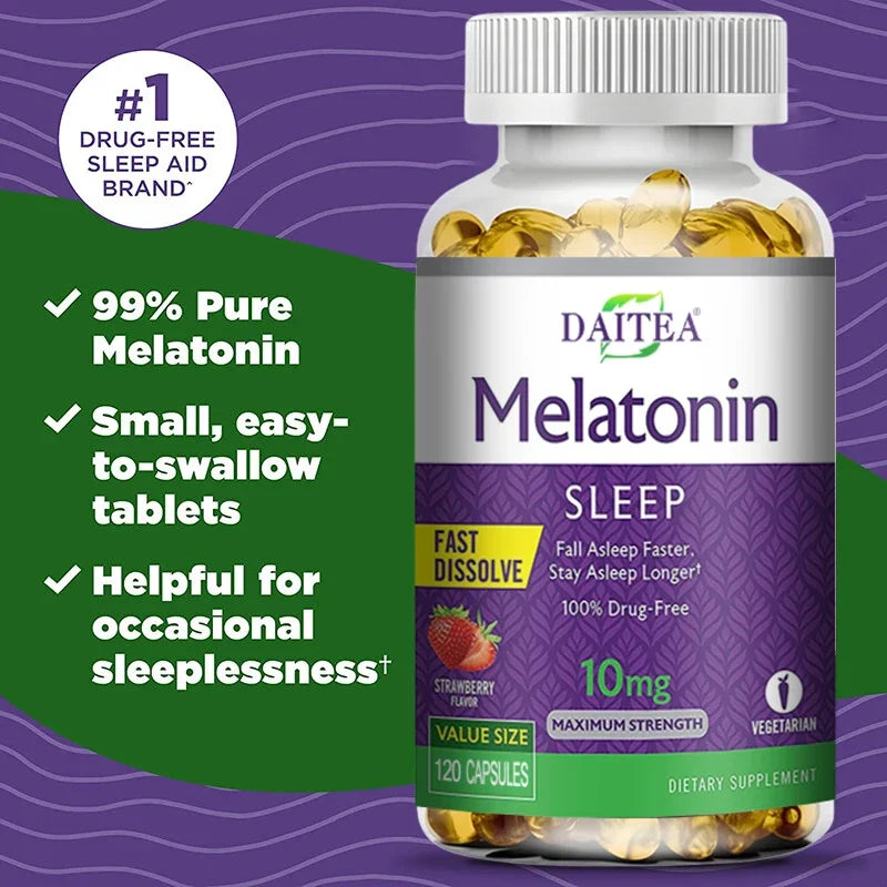 🌙 Daitea Melatonin 10mg – Sleep Dietary Supplement (120 Strawberry Flavored Capsules)