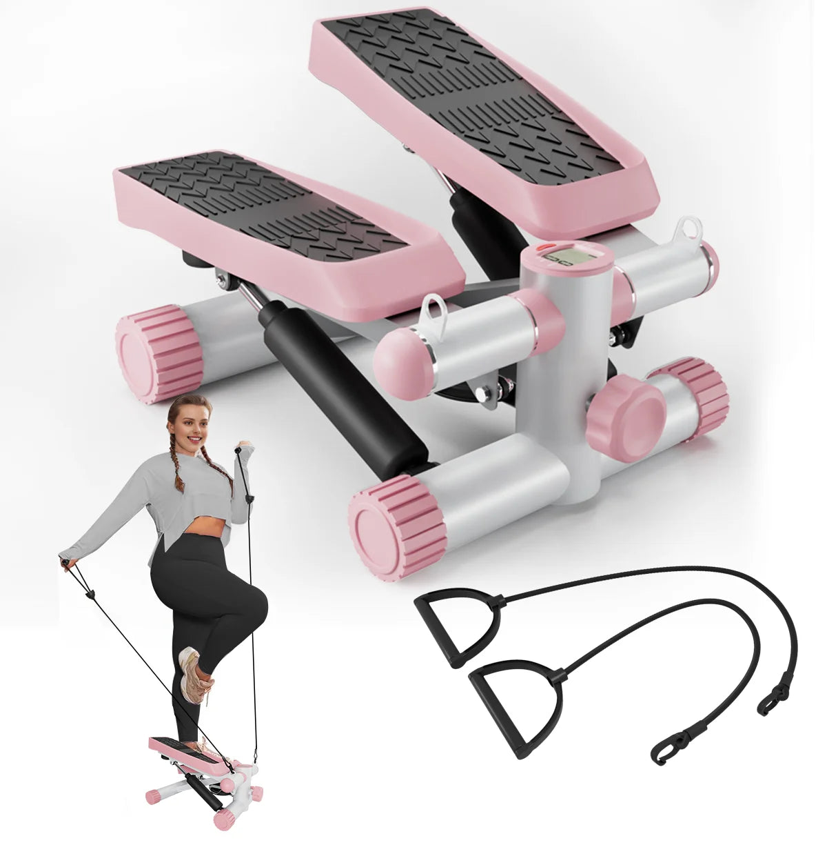 Hydraulic Stair Stepper with Resistance Bands & LCD Monitor