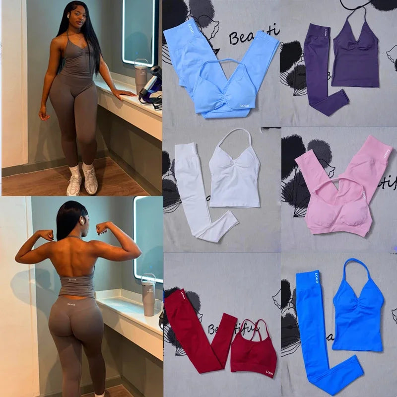 🖤 2Pcs Women’s Seamless Gym Yoga Set – High Waist Leggings & Sports Bra
