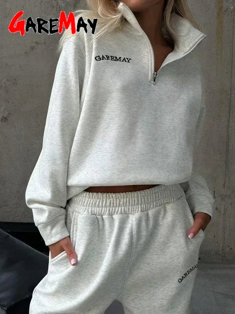 Autumn Women’s Oversize White Tracksuit – Zipper Cotton Two-Piece Set