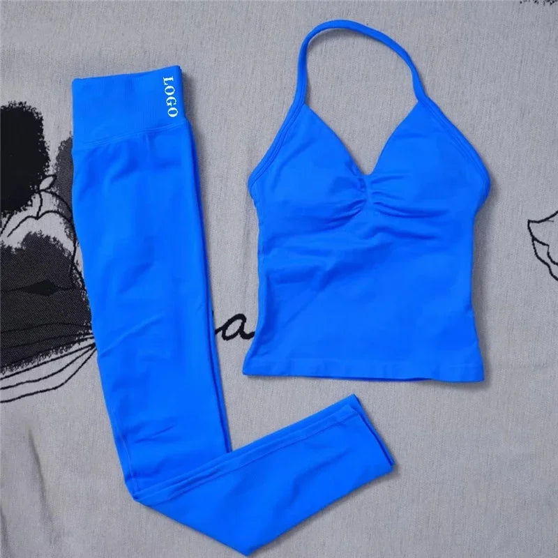 🖤 2Pcs Women’s Seamless Gym Yoga Set – High Waist Leggings & Sports Bra