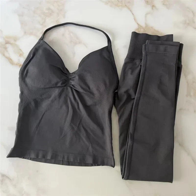 🖤 2Pcs Women’s Seamless Gym Yoga Set – High Waist Leggings & Sports Bra
