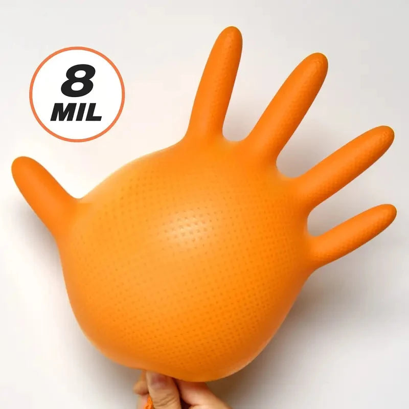 Heavy Duty Orange Nitrile Gloves – 8Mil Diamond Grip for Industrial Strength & Safety