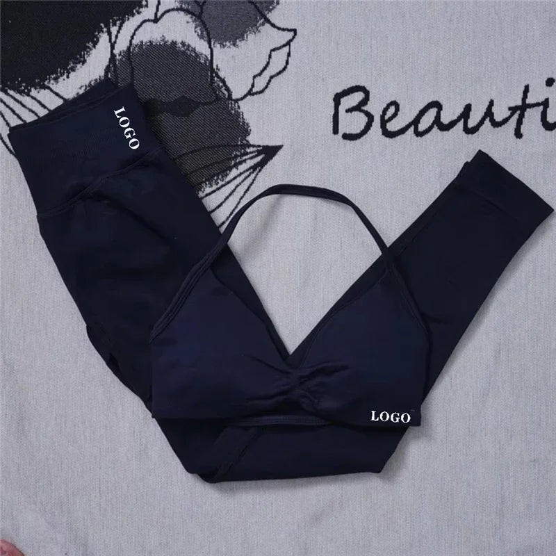🖤 2Pcs Women’s Seamless Gym Yoga Set – High Waist Leggings & Sports Bra