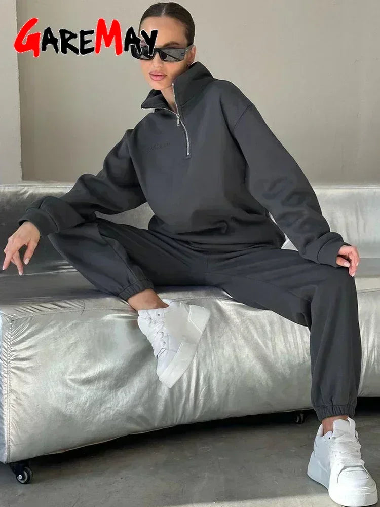 Autumn Women’s Oversize White Tracksuit – Zipper Cotton Two-Piece Set