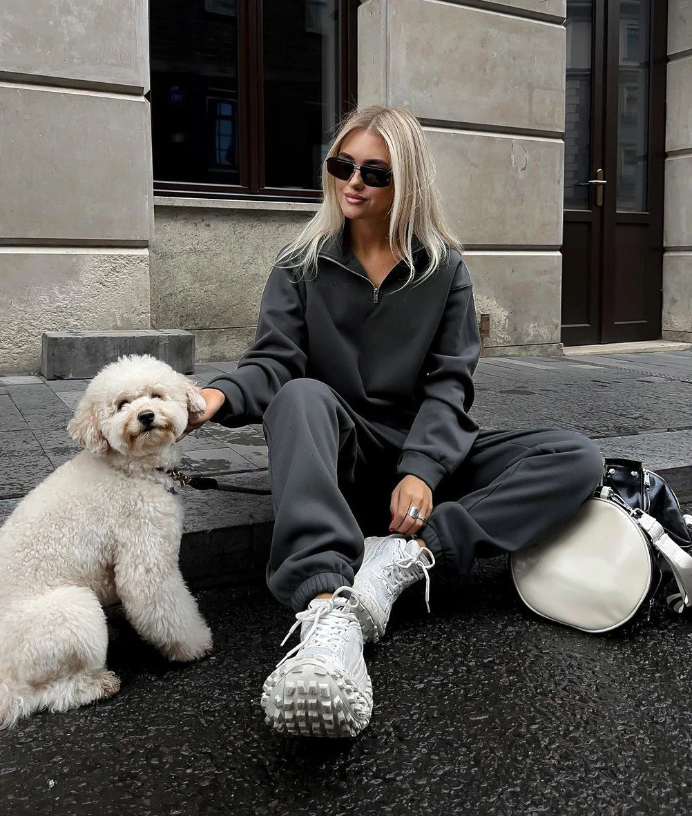 Autumn Women’s Oversize White Tracksuit – Zipper Cotton Two-Piece Set