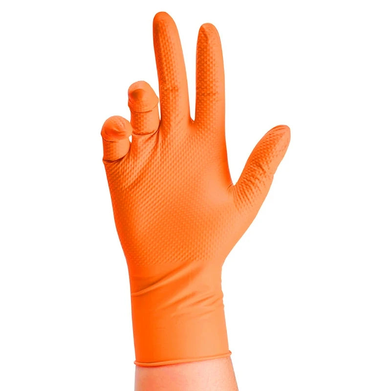 Heavy Duty Orange Nitrile Gloves – 8Mil Diamond Grip for Industrial Strength & Safety