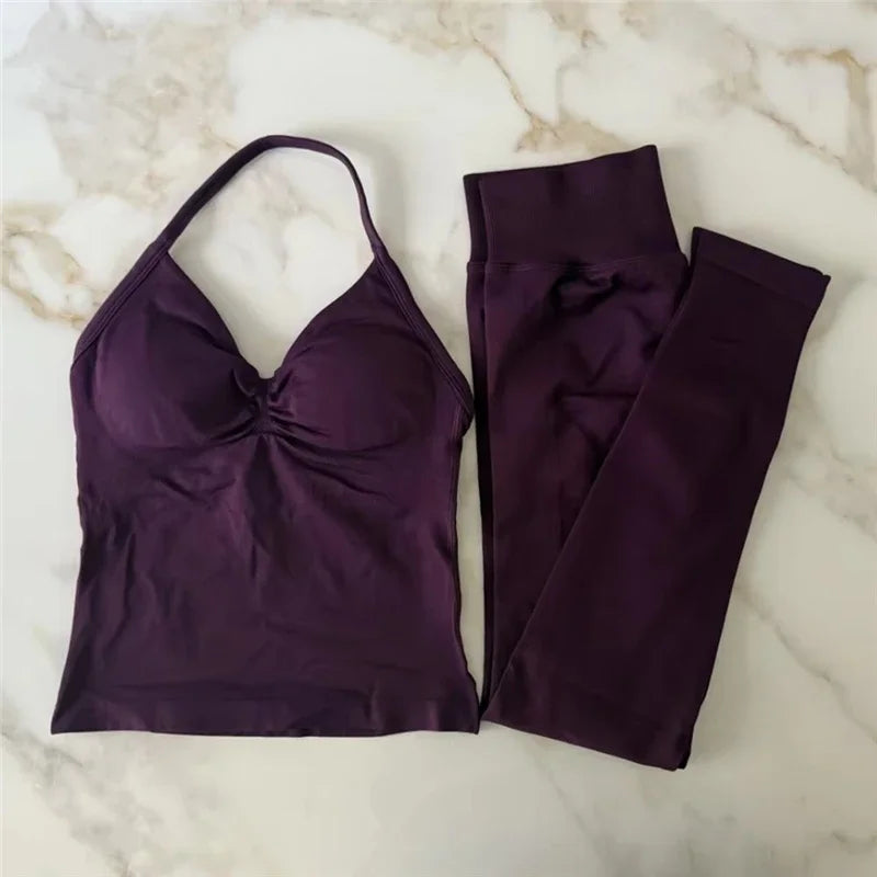 💪 2Pcs Women’s Seamless Gym Yoga Set – High Waist Leggings + Sports Bra