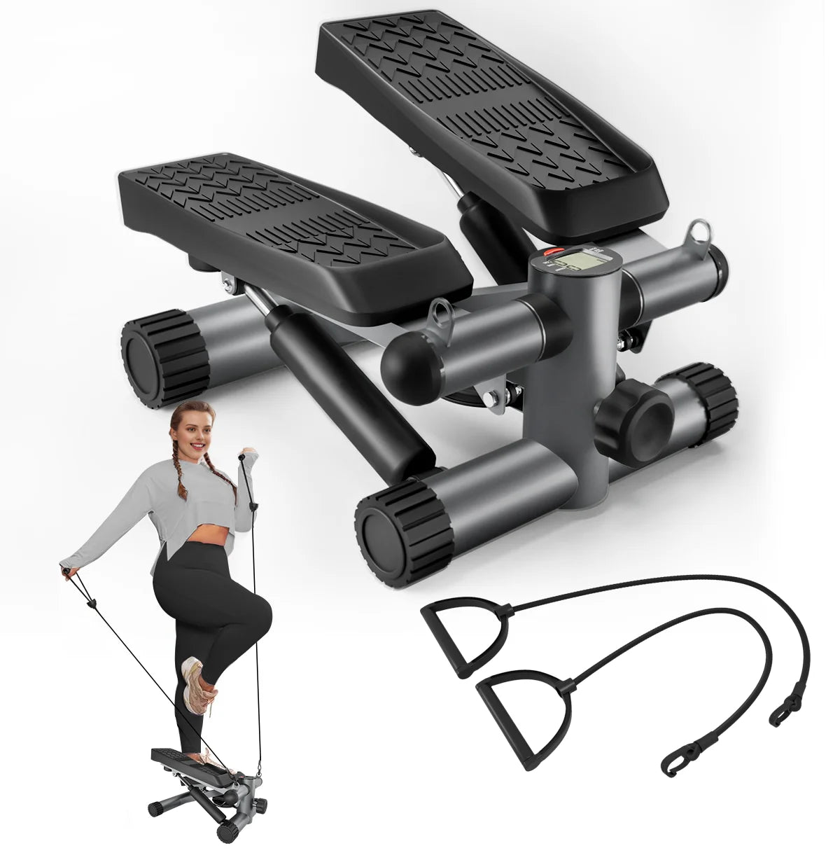 Hydraulic Stair Stepper with Resistance Bands & LCD Monitor