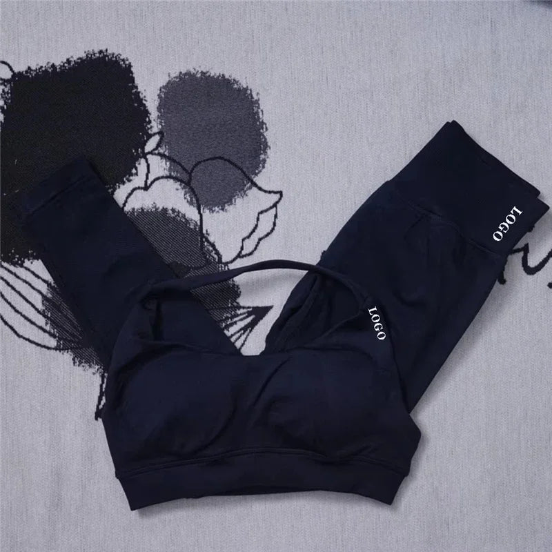 🖤 2Pcs Women’s Seamless Gym Yoga Set – High Waist Leggings & Sports Bra