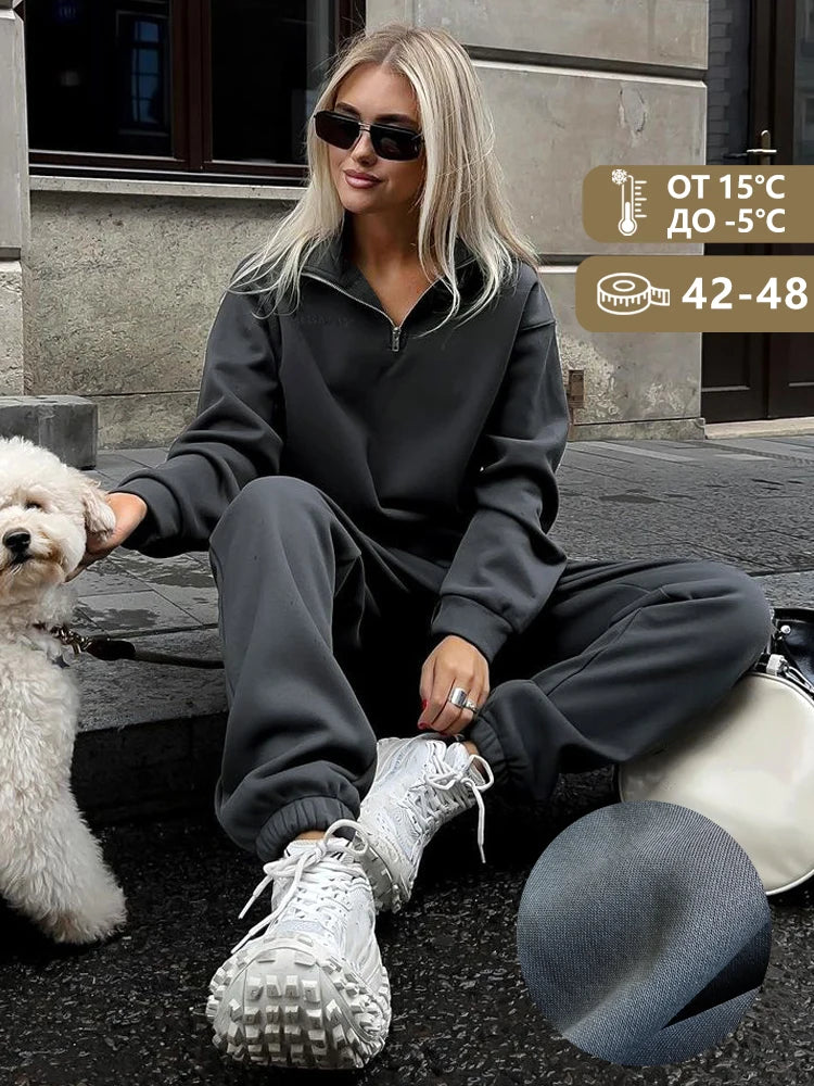 Autumn Women’s Oversize White Tracksuit – Zipper Cotton Two-Piece Set
