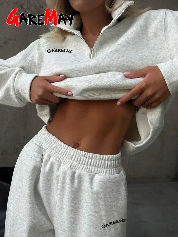 Autumn Women’s Oversize White Tracksuit – Zipper Cotton Two-Piece Set