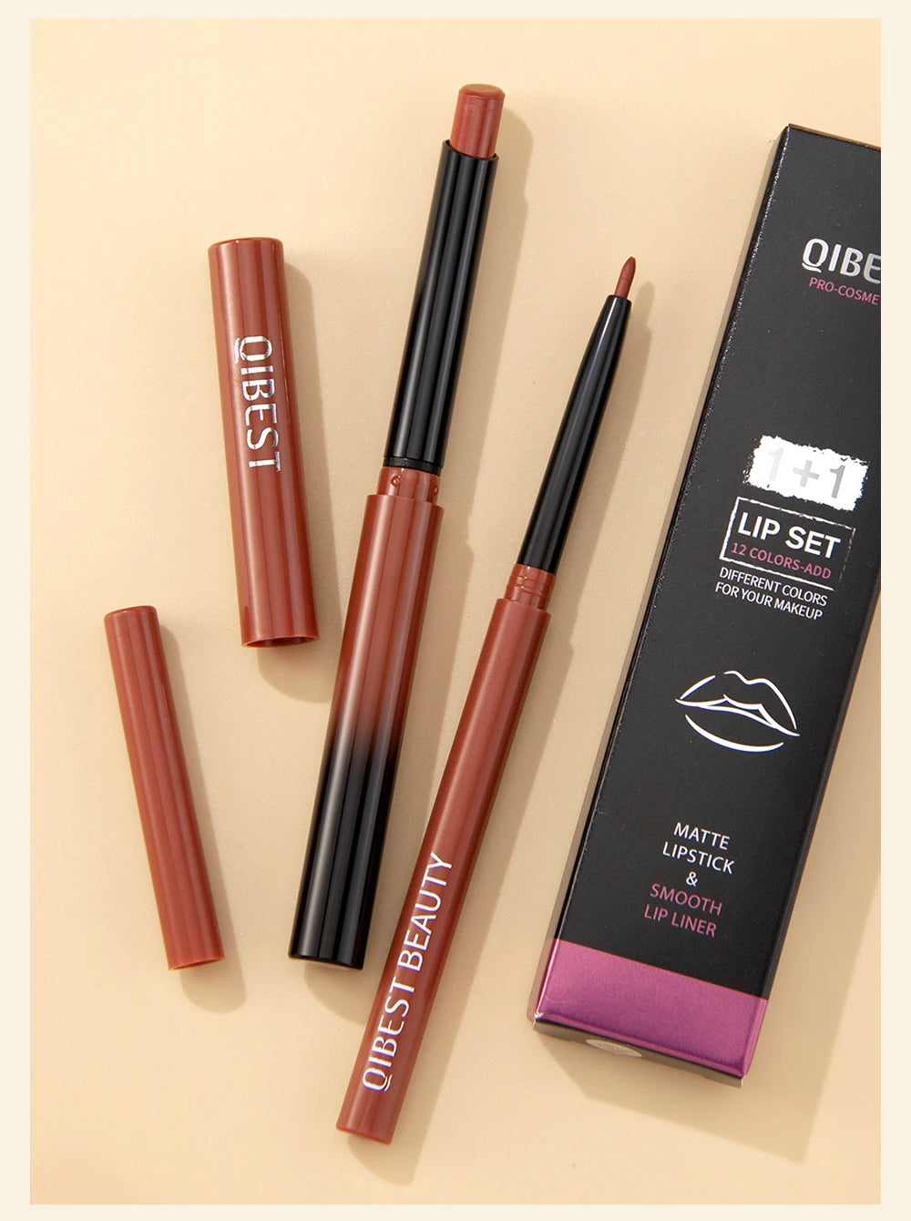 :  💋 QIBEST 2pcs Lipstick & Lipliner Pen Set – Matte Nude Waterproof Duo