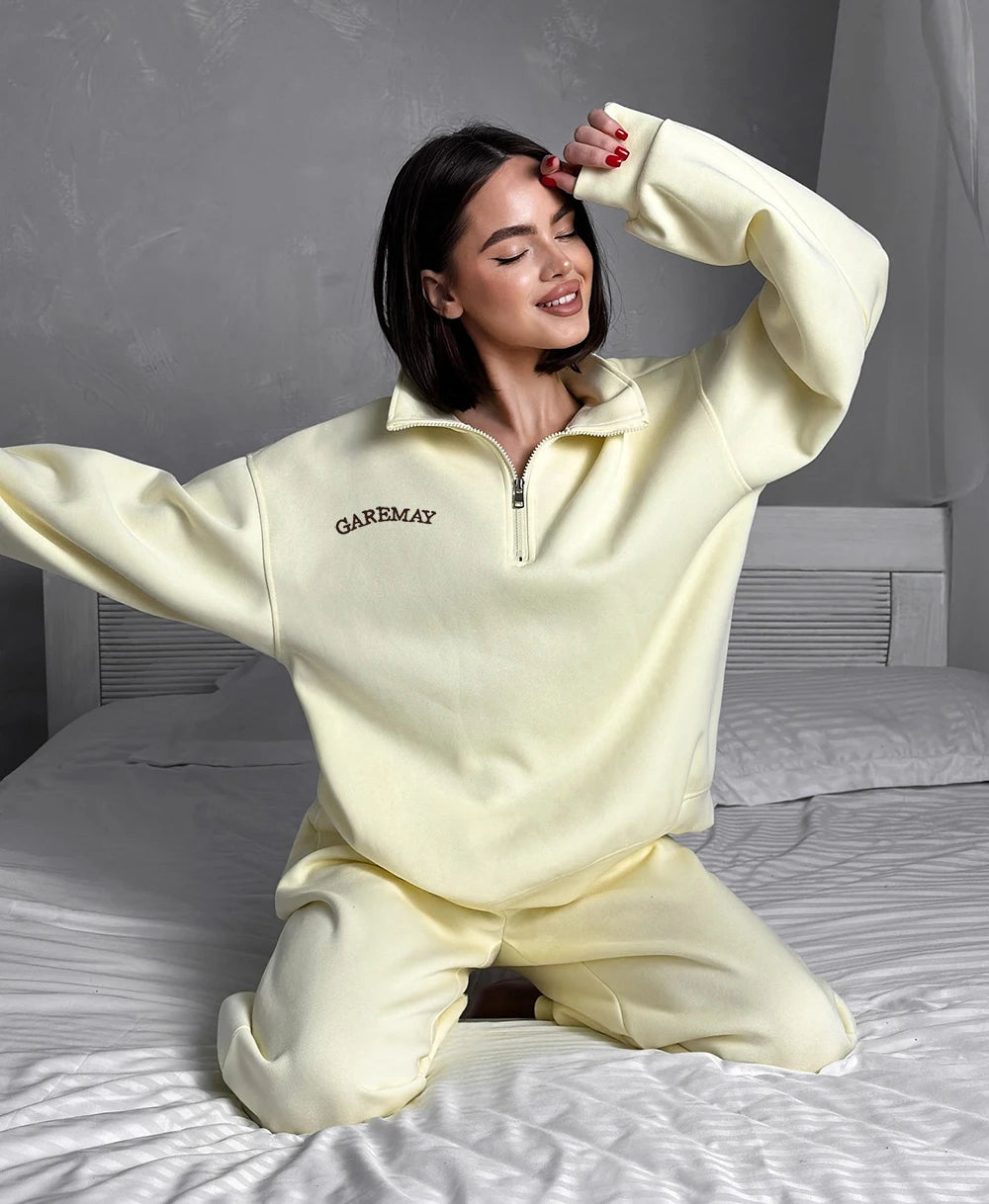 🌸 Spring Women’s Tracksuit with Zipper – Oversized Cotton Two-Piece Set
