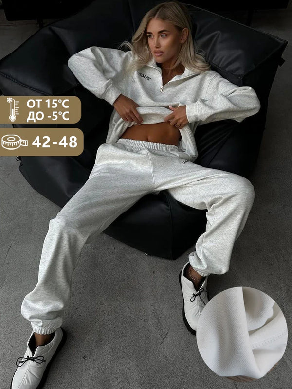 Autumn Women’s Oversize White Tracksuit – Zipper Cotton Two-Piece Set