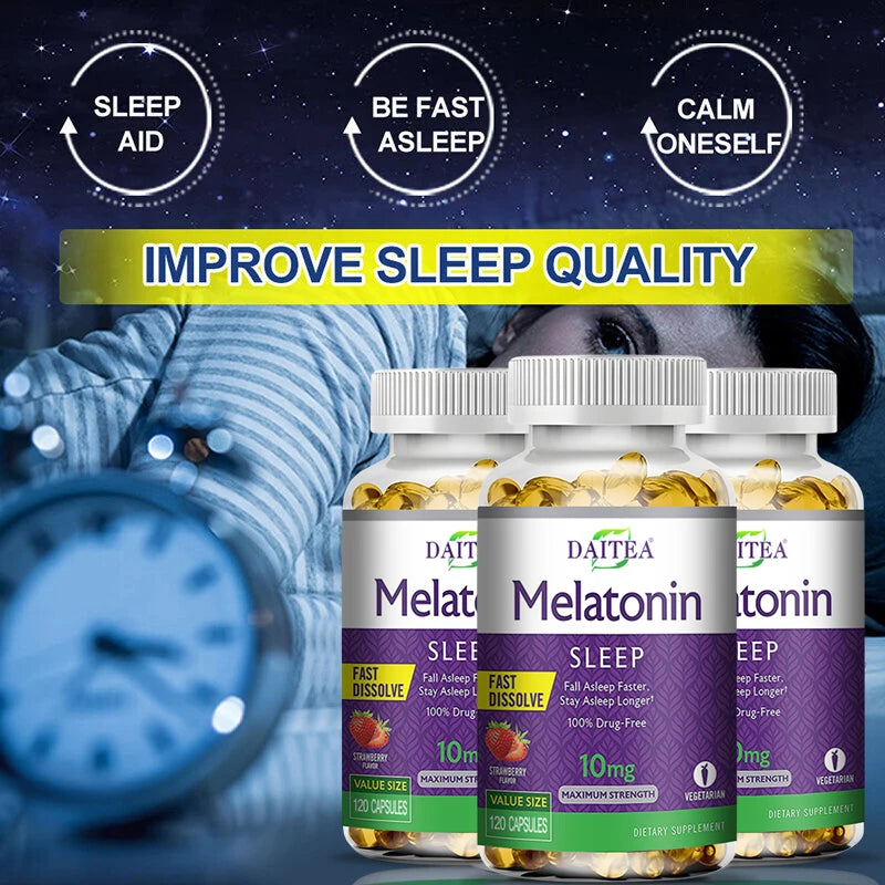 🌙 Daitea Melatonin 10mg – Sleep Dietary Supplement (120 Strawberry Flavored Capsules)