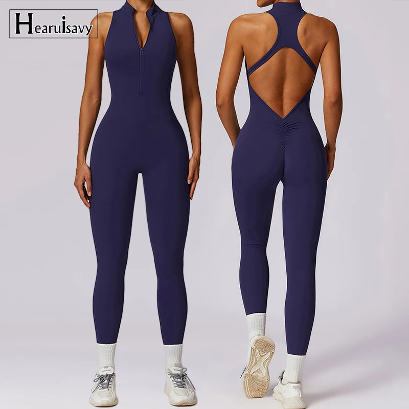 🔥 Women’s V-Back One-Piece Sports Jumpsuit – Backless Workout Bodysuit