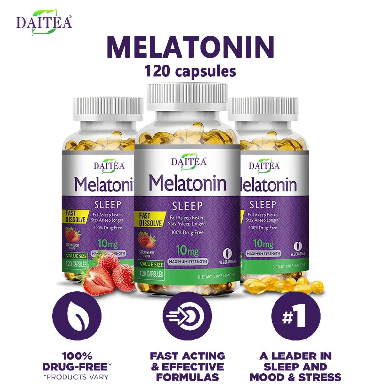 🌙 Daitea Melatonin 10mg – Sleep Dietary Supplement (120 Strawberry Flavored Capsules)