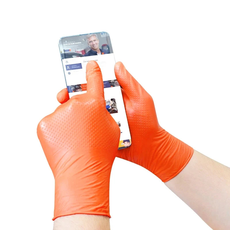 Heavy Duty Orange Nitrile Gloves – 8Mil Diamond Grip for Industrial Strength & Safety