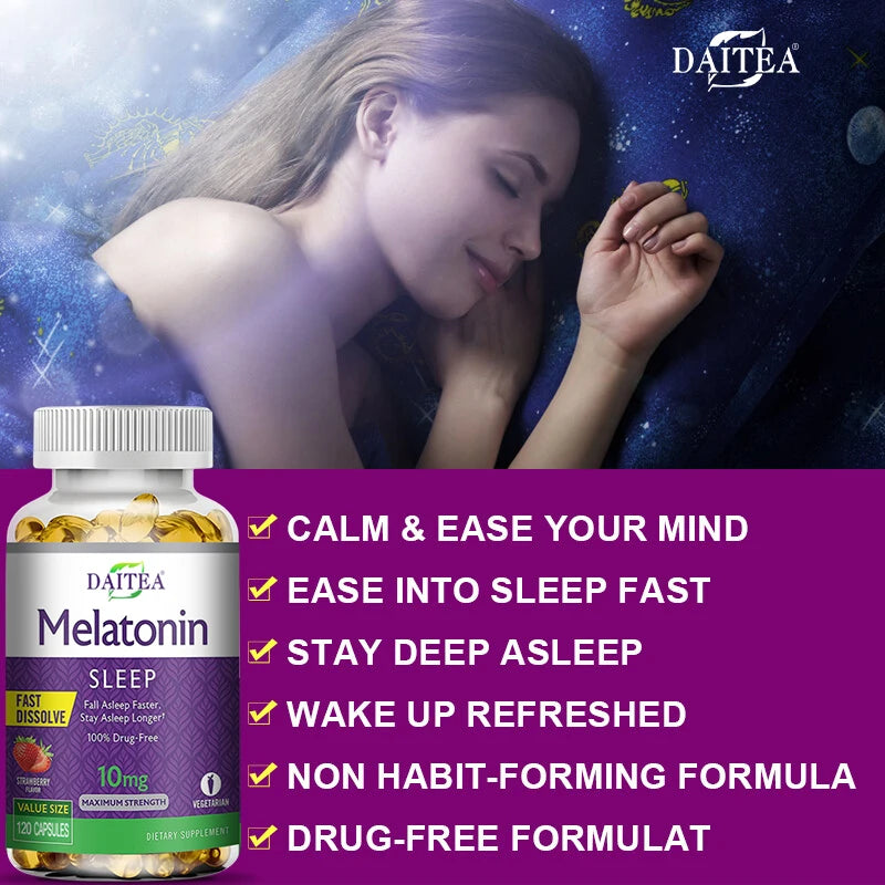 🌙 Daitea Melatonin 10mg – Sleep Dietary Supplement (120 Strawberry Flavored Capsules)