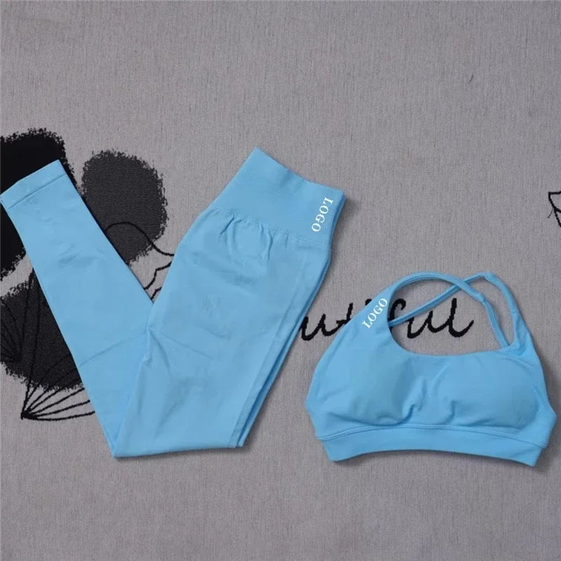 🖤 2Pcs Women’s Seamless Gym Yoga Set – High Waist Leggings & Sports Bra