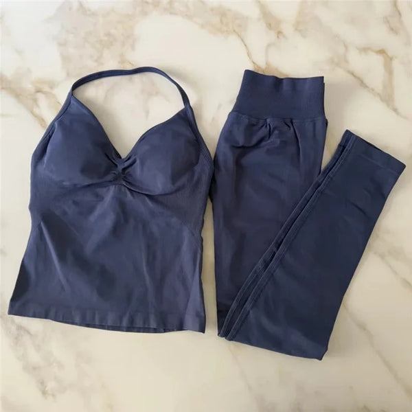 🖤 2Pcs Women’s Seamless Gym Yoga Set – High Waist Leggings & Sports Bra