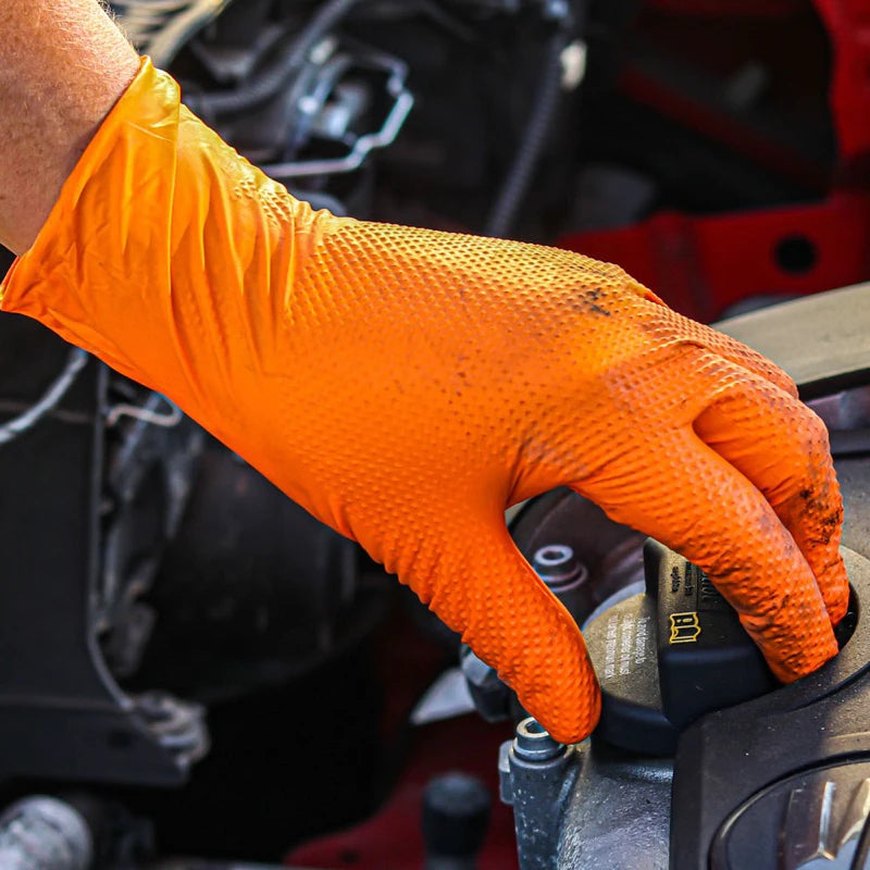 Heavy Duty Orange Nitrile Gloves – 8Mil Diamond Grip for Industrial Strength & Safety