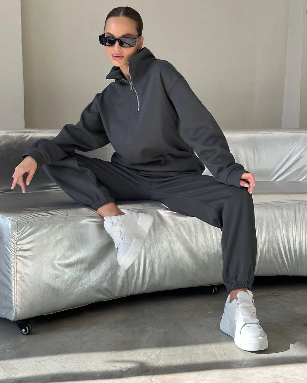 Autumn Women’s Oversize White Tracksuit – Zipper Cotton Two-Piece Set