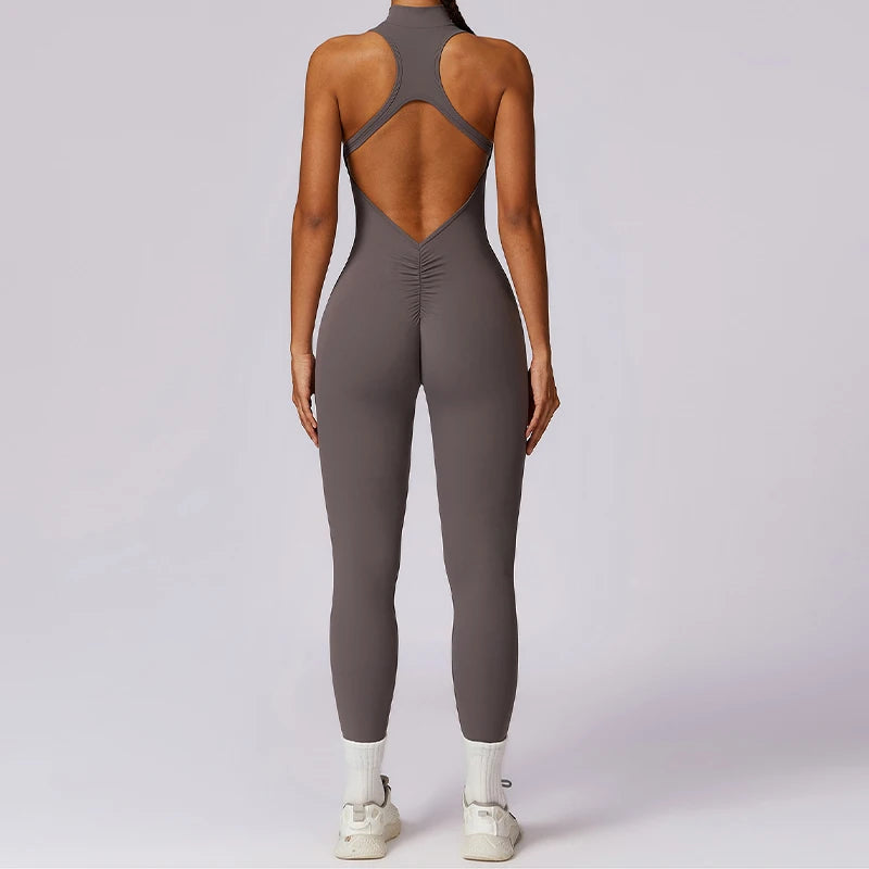 🔥 Women’s V-Back One-Piece Sports Jumpsuit – Backless Workout Bodysuit