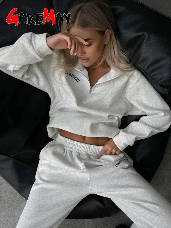 Autumn Women’s Oversize White Tracksuit – Zipper Cotton Two-Piece Set