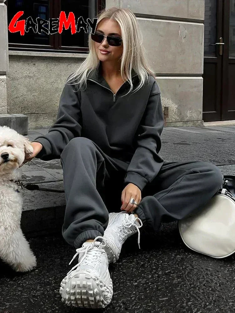 Autumn Women’s Oversize White Tracksuit – Zipper Cotton Two-Piece Set