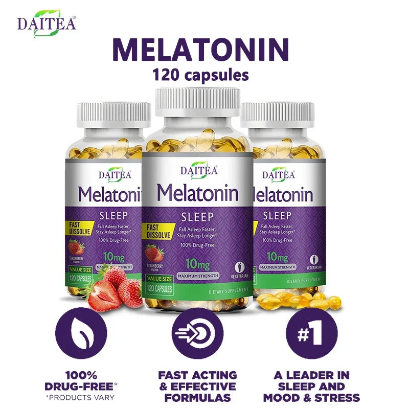 🌙 Daitea Melatonin 10mg – Sleep Dietary Supplement (120 Strawberry Flavored Capsules)