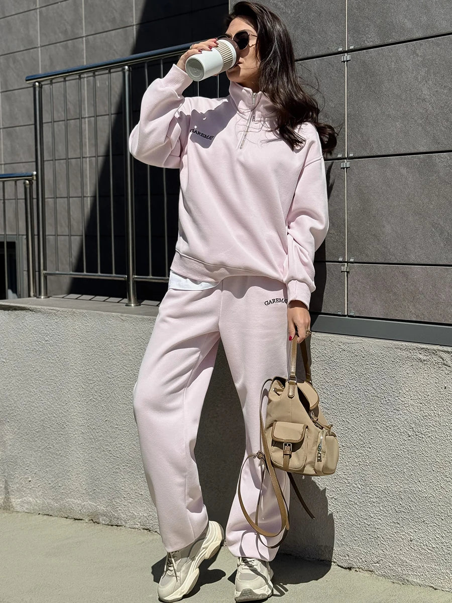 🌸 Spring Women’s Tracksuit with Zipper – Oversized Cotton Two-Piece Set