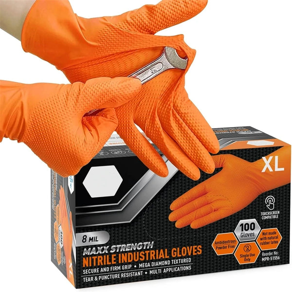 Heavy Duty Orange Nitrile Gloves – 8Mil Diamond Grip for Industrial Strength & Safety