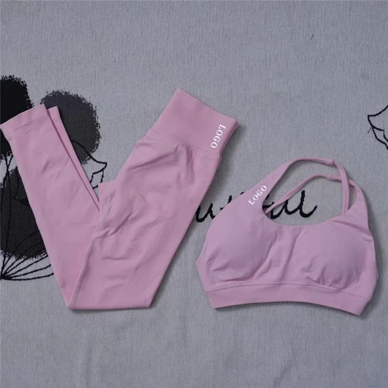 🖤 2Pcs Women’s Seamless Gym Yoga Set – High Waist Leggings & Sports Bra